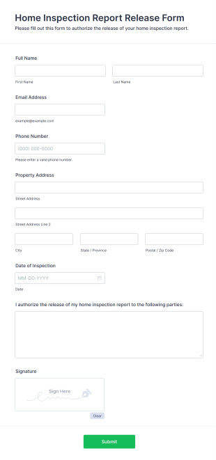 Home Inspection Report Release Form Template