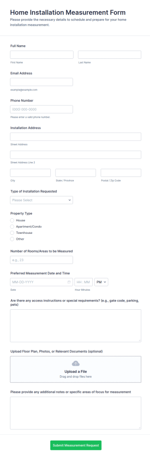 Home Installation Measurement Form Template
