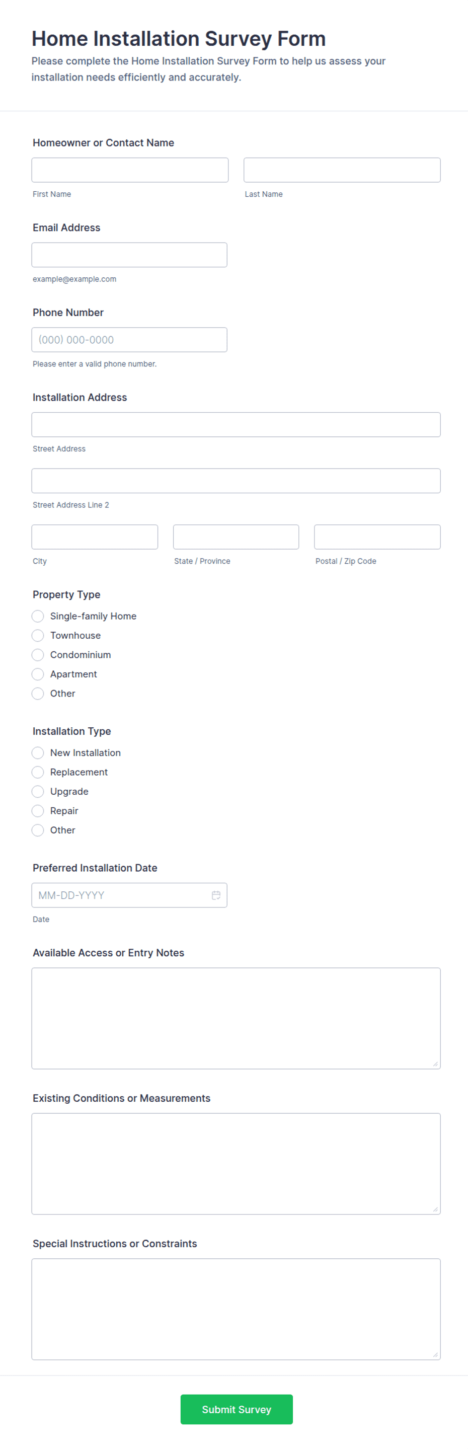 Home Installation Survey Form Template | Jotform