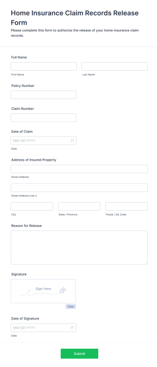 Home Insurance Claim Records Release Form Template