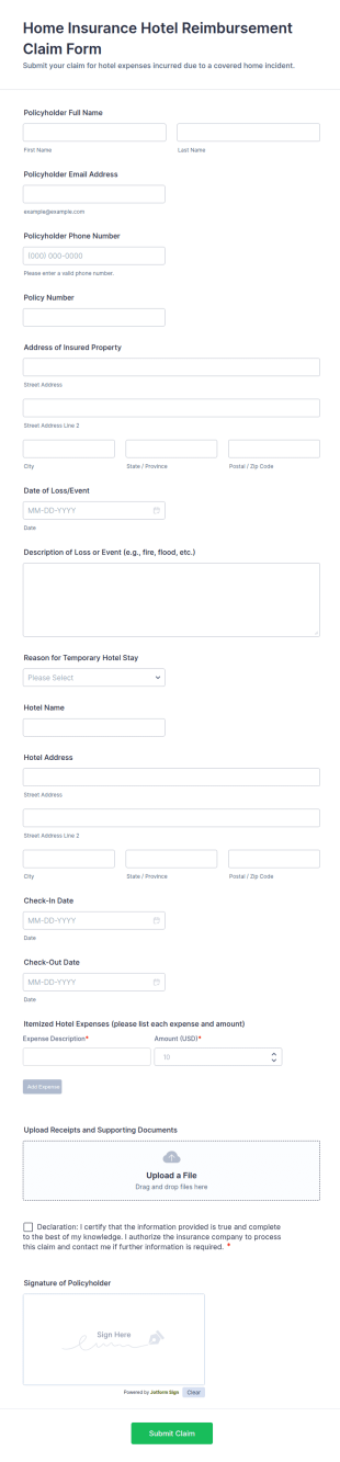 Home Insurance Hotel Reimbursement Claim Form Template