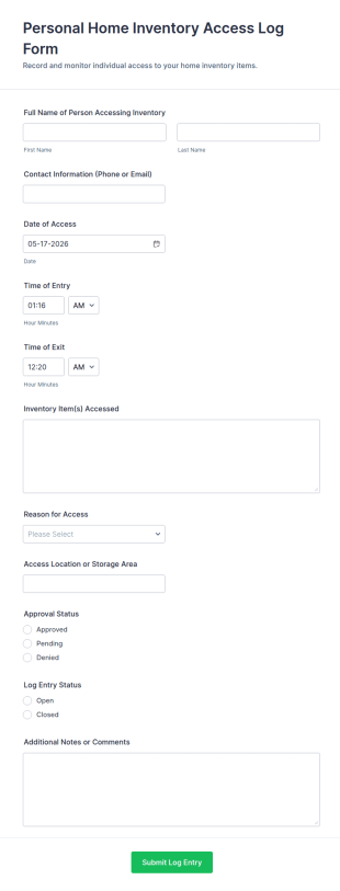 Home Inventory Access Log Form Template