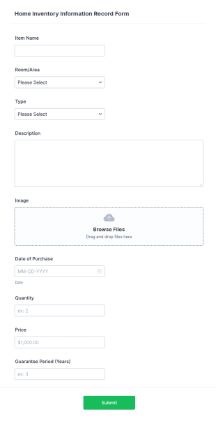 Home Inventory Information Record Form Template