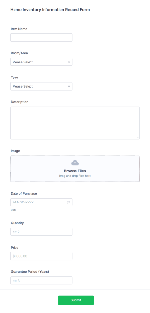 Home Inventory Information Record Form Template