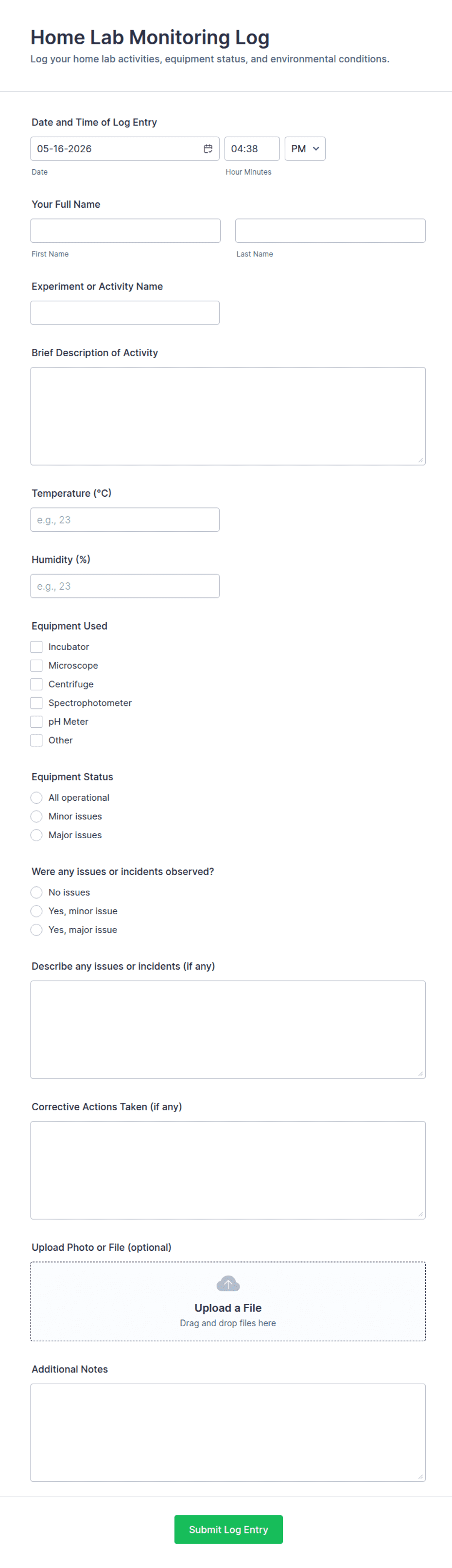 Lab Communication Log Home Lab Monitoring Log Form Template | Jotform