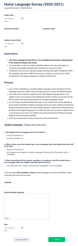 Home Language Survey For Parents Form Template