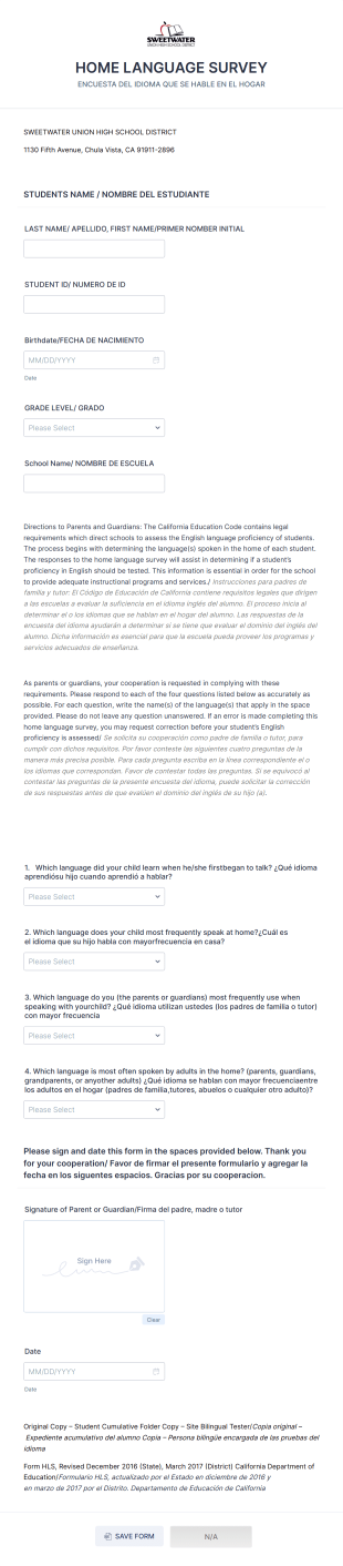 Home Language Survey Form Template