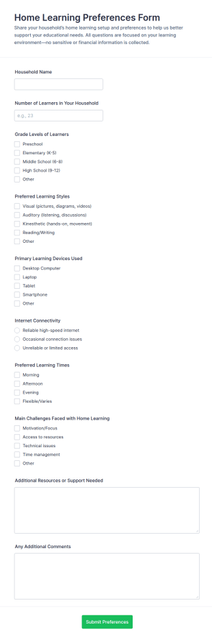 Home Learning Preferences Form Template