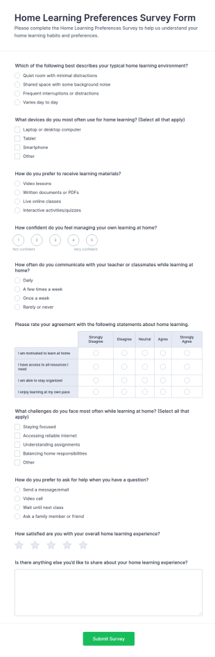 Home Learning Preferences Survey Form Template