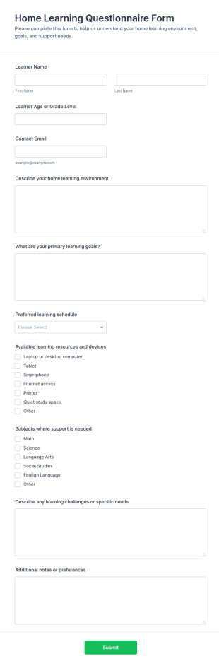 Home Learning Questionnaire Form Template