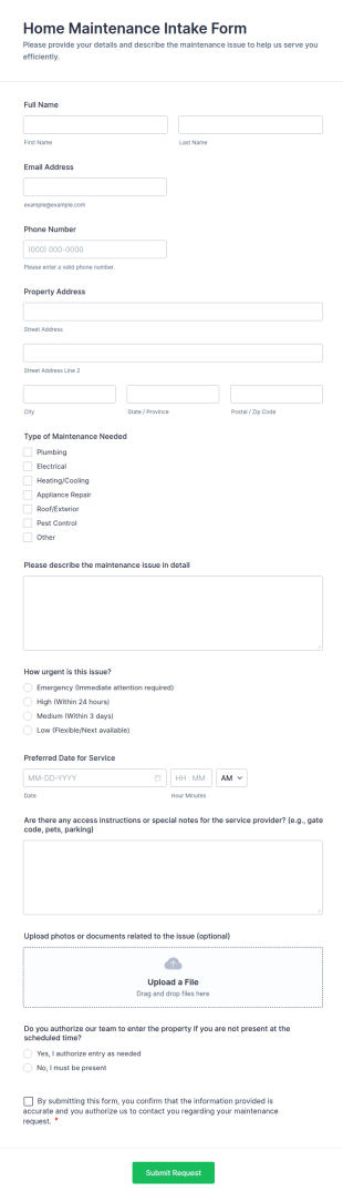 Home Maintenance Intake Form Template