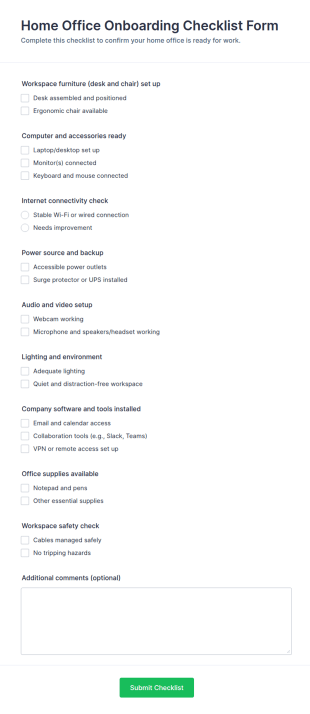 Home Office Onboarding Checklist Form Template