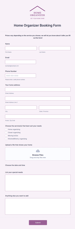 Home Organizer Booking Form Template