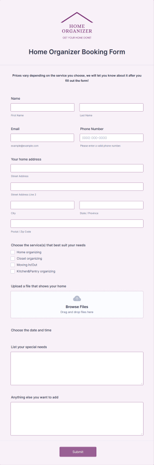 Home Organizer Booking Form Template