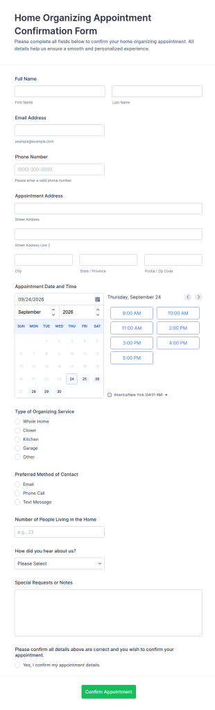 Home Organizing Appointment Confirmation Form Template