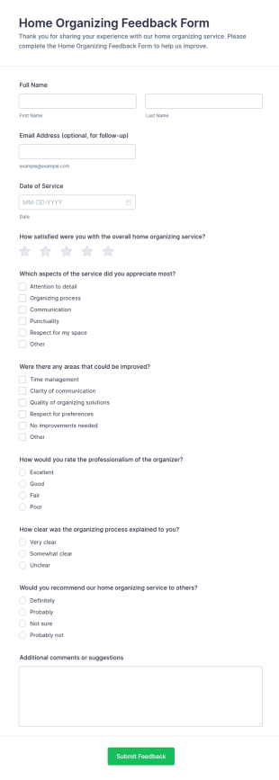 Home Organizing Feedback Form Template