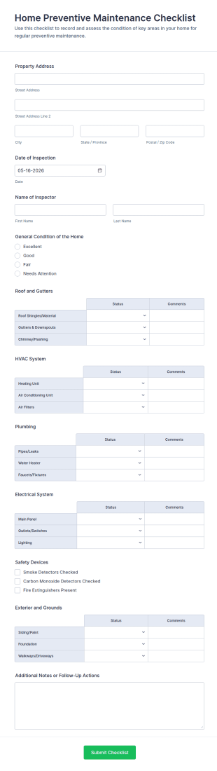 Home Preventive Maintenance Checklist Form Template