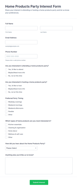 Home Products Party Interest Form Template