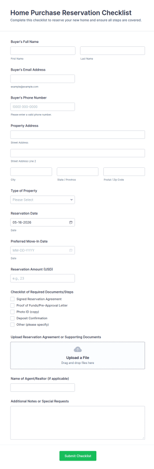 Home Purchase Reservation Checklist Form Template