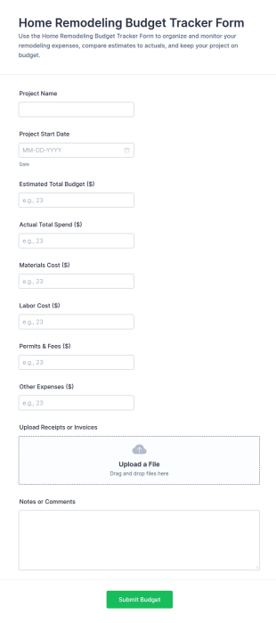 Home Remodeling Budget Tracker Form Template