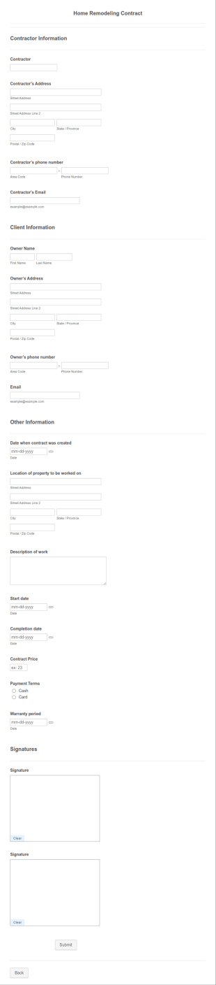Home Remodeling Contract Form Template