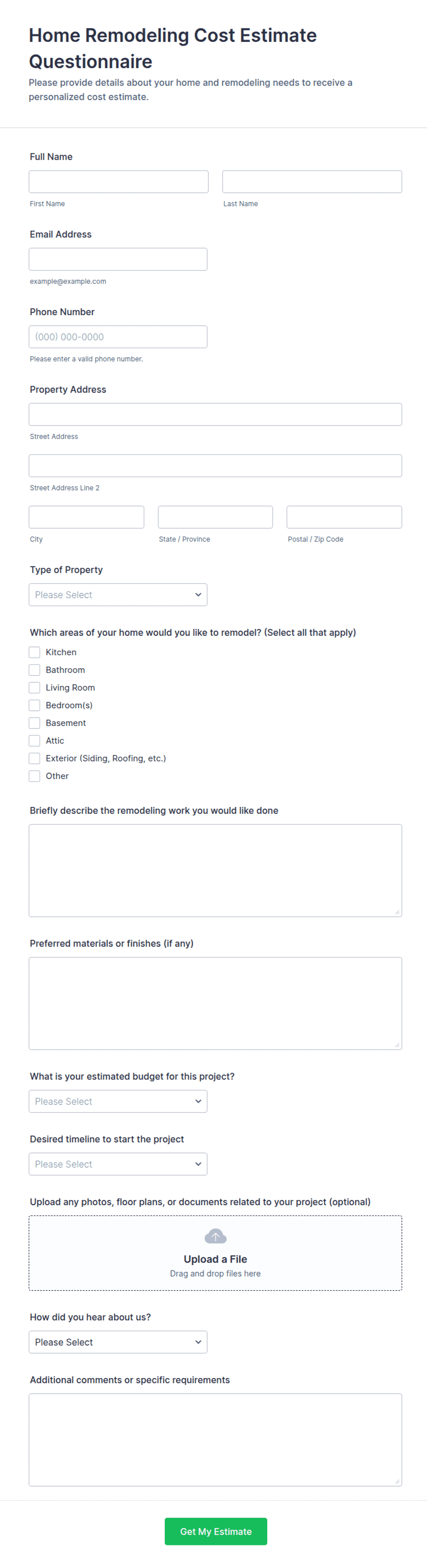 Home Remodeling Cost Estimate Questionnaire Form Template | Jotform
