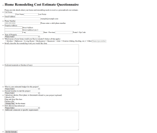 Home Remodeling Cost Estimate Questionnaire Form Template