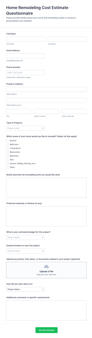Home Remodeling Cost Estimate Questionnaire Form Template