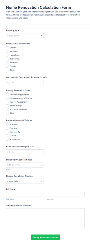 Home Renovation Calculation Form Template