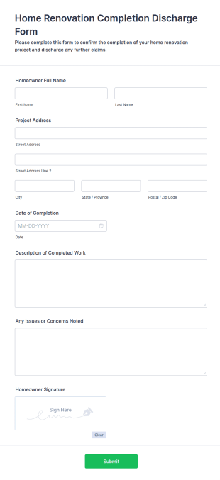 Home Renovation Completion Discharge Form Template