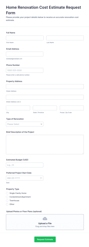 Home Renovation Cost Estimate Request Form Template