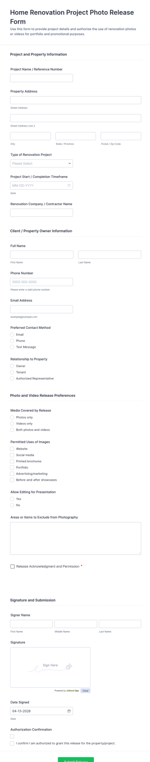 Home Renovation Project Photo Release Form Template