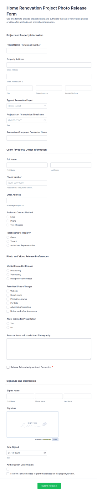 Home Renovation Project Photo Release Form Template
