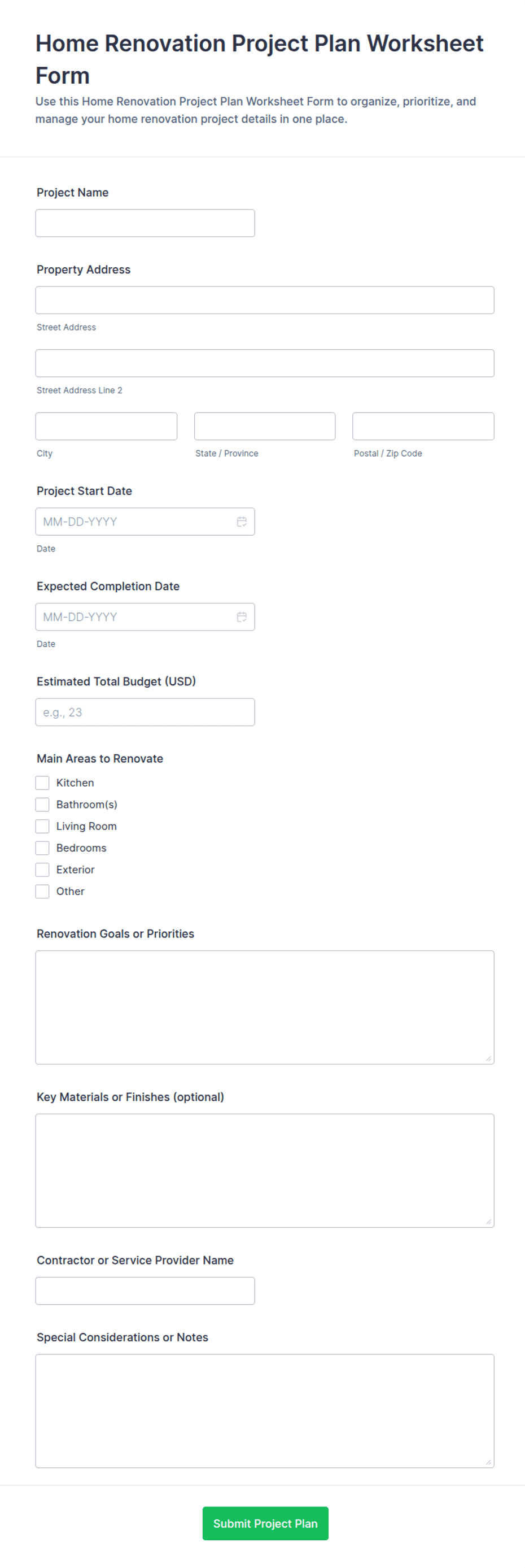 Home Renovation Project Plan Form Template | Jotform