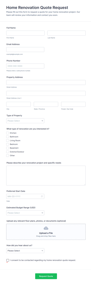 Home Renovation Quote Request Form Template