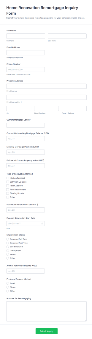 Home Renovation Remortgage Inquiry Form Template