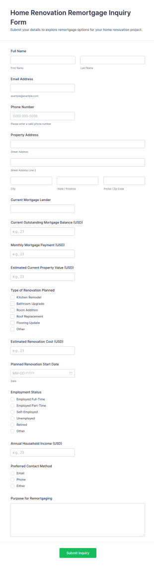 Home Renovation Remortgage Inquiry Form Template