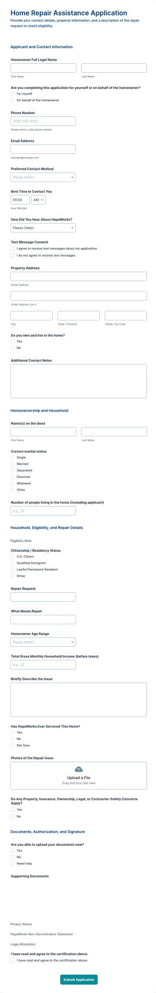 Home Repair Assistance Application Form Template