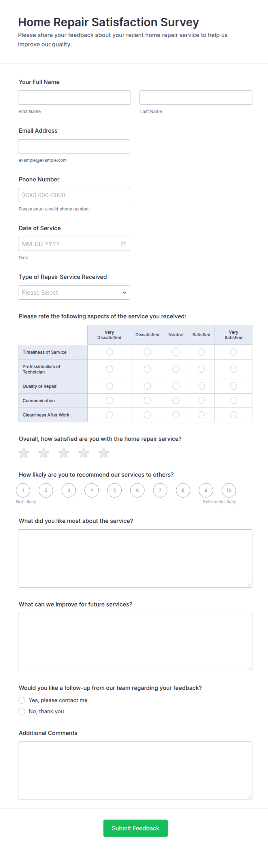 Home Repair Satisfaction Survey Form Template | Jotform