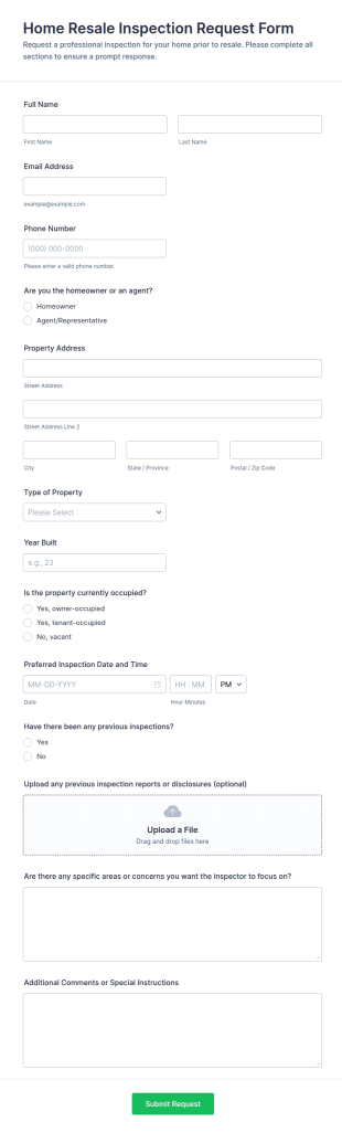 Home Resale Inspection Request Form Template