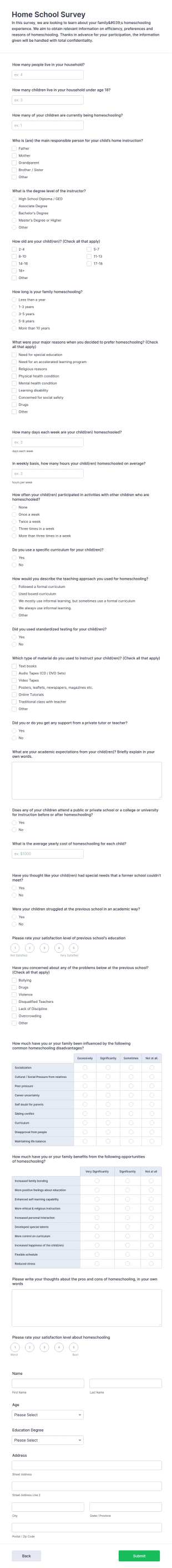 Home School Survey Form Template