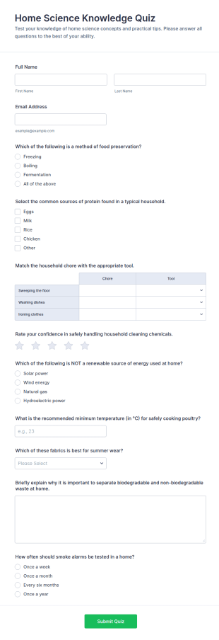 Home Science Knowledge Quiz Form Template