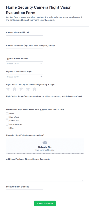 Home Security Camera Night Vision Evaluation Form Template