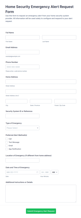 Home Security Emergency Alert Request Form Template