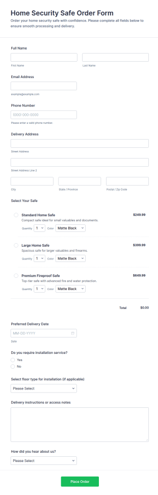 Home Security Safe Order Form Template