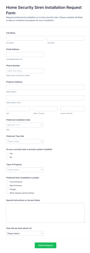 Home Security Siren Installation Request Form Template