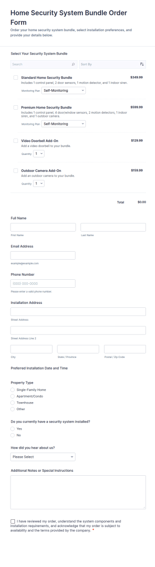 Home Security System Bundle Order Form Template