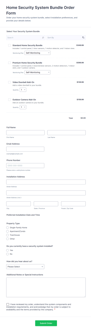 Home Security System Bundle Order Form Template