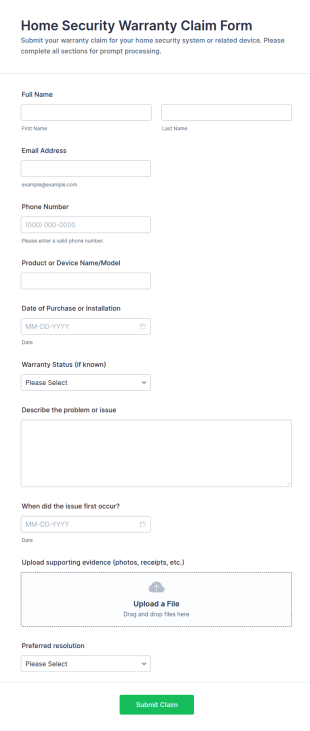 Home Security Warranty Claim Form Template