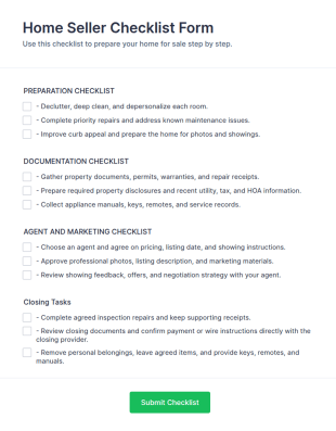 Home Seller Checklist Form Template